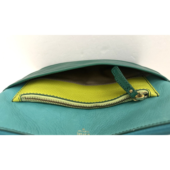Fossil Crossbody Bag Green Blue Leather Top Zip Multiple-Pockets Convertible - Picture 13 of 16